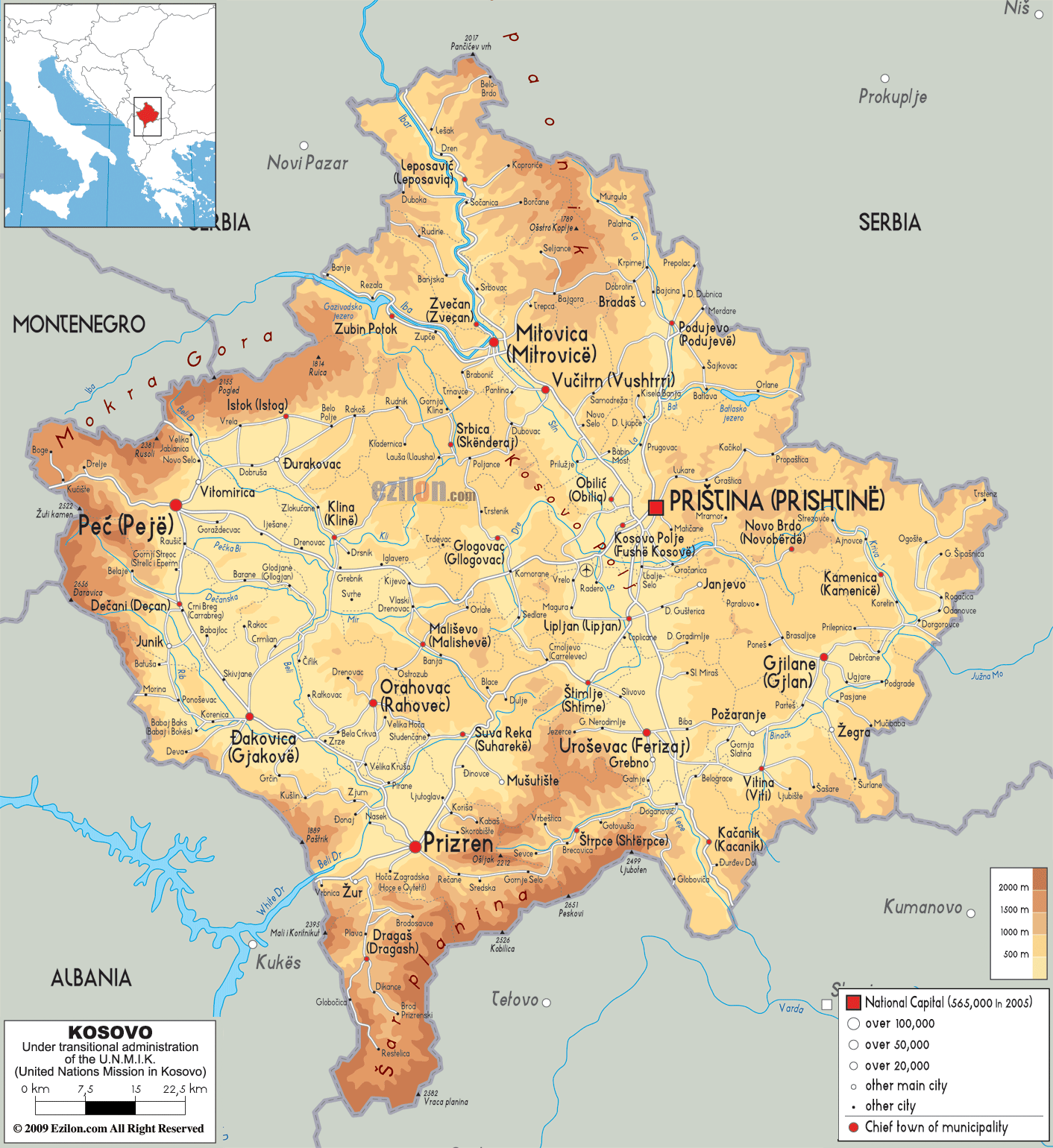 kosovo physique carte